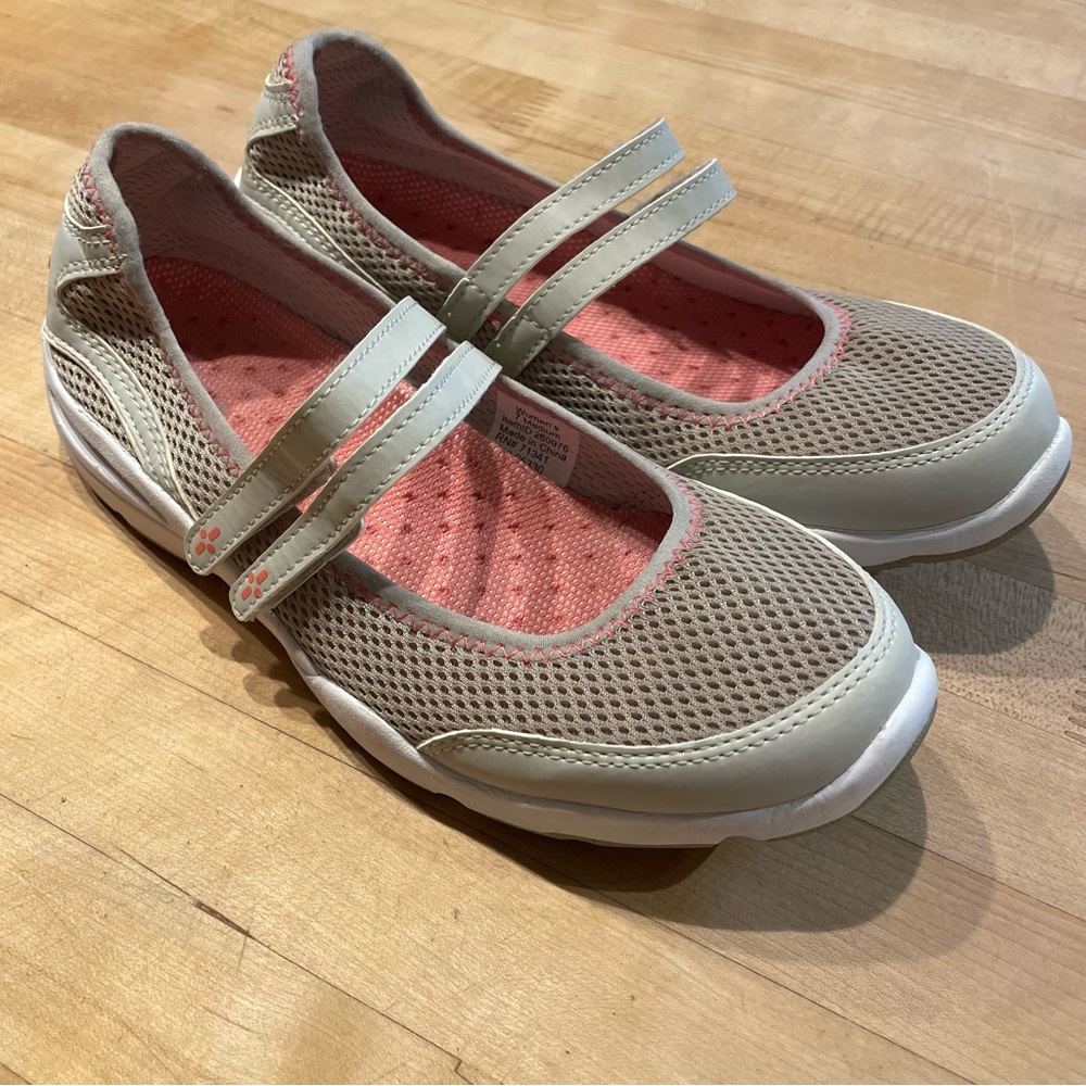 L.L. Bean Double Strap Mary Janes Shoes Tan Cream Mesh 260976 Womens Size 7